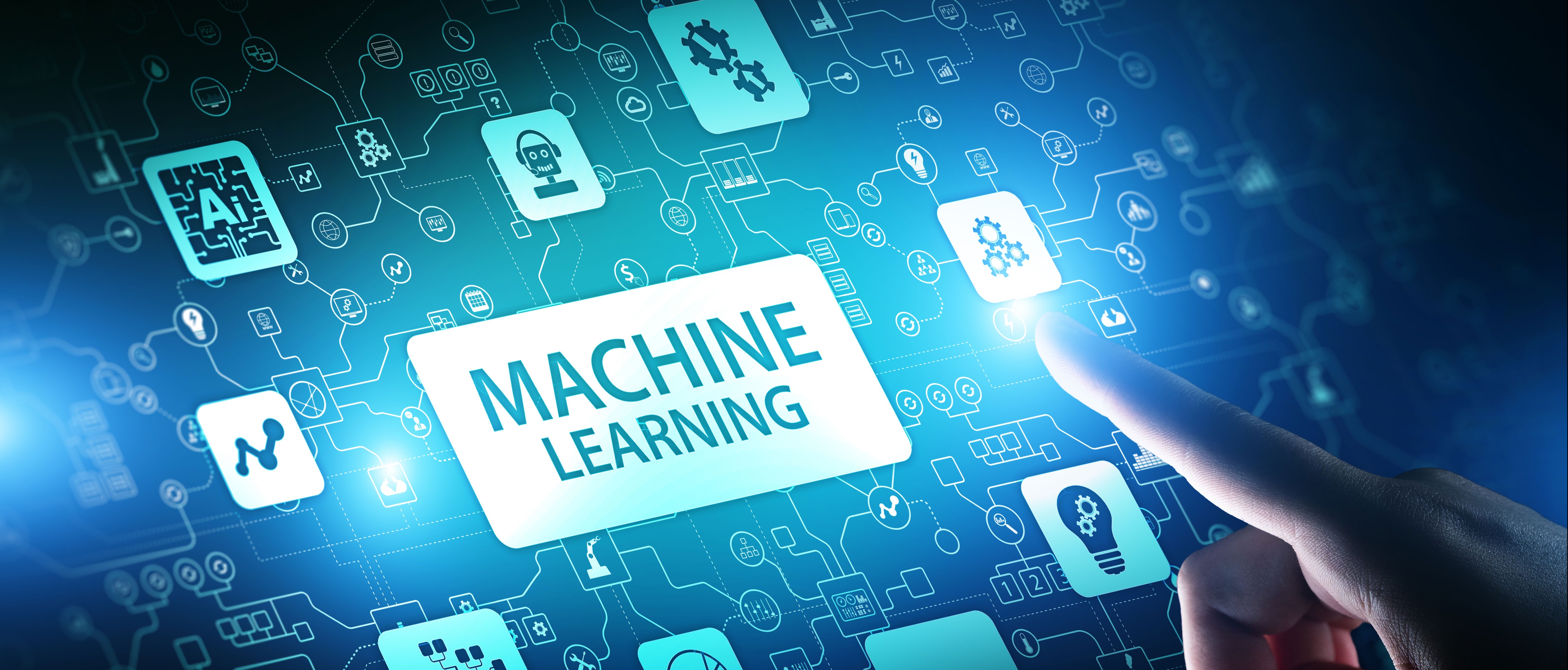 Finger pointing at a glowing "Machine Learning" text surrounded by digital icons and circuits